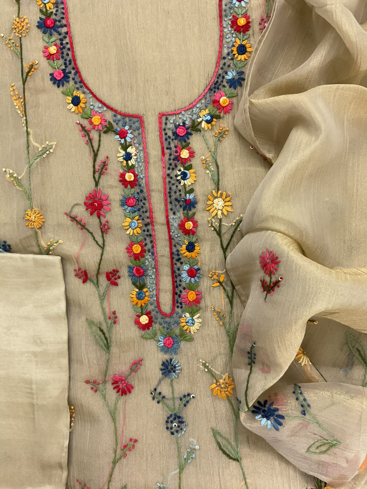 Pure Crushed Tissue Fine Embroidered Suit - Beige