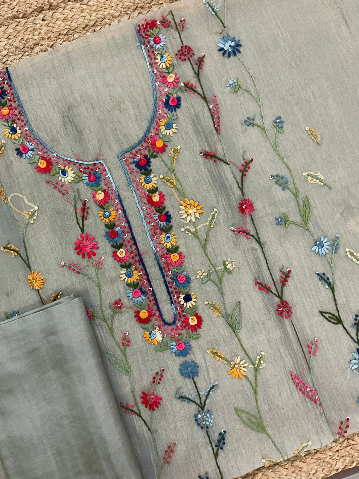 Pure Crushed Tissue Fine Embroidered Suit - Blue