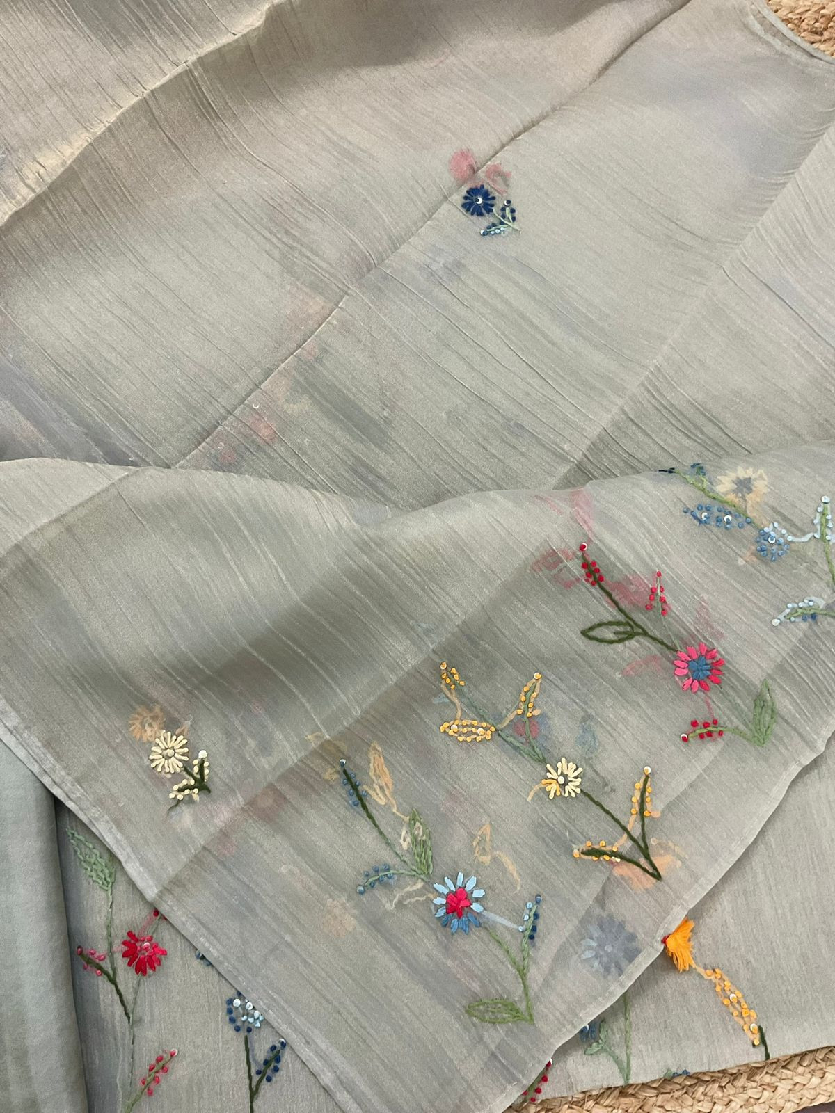 Pure Crushed Tissue Fine Embroidered Suit - Blue