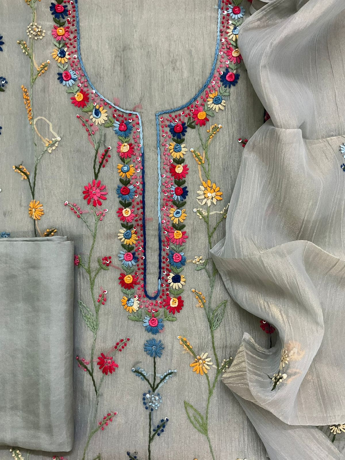 Pure Crushed Tissue Fine Embroidered Suit - Blue