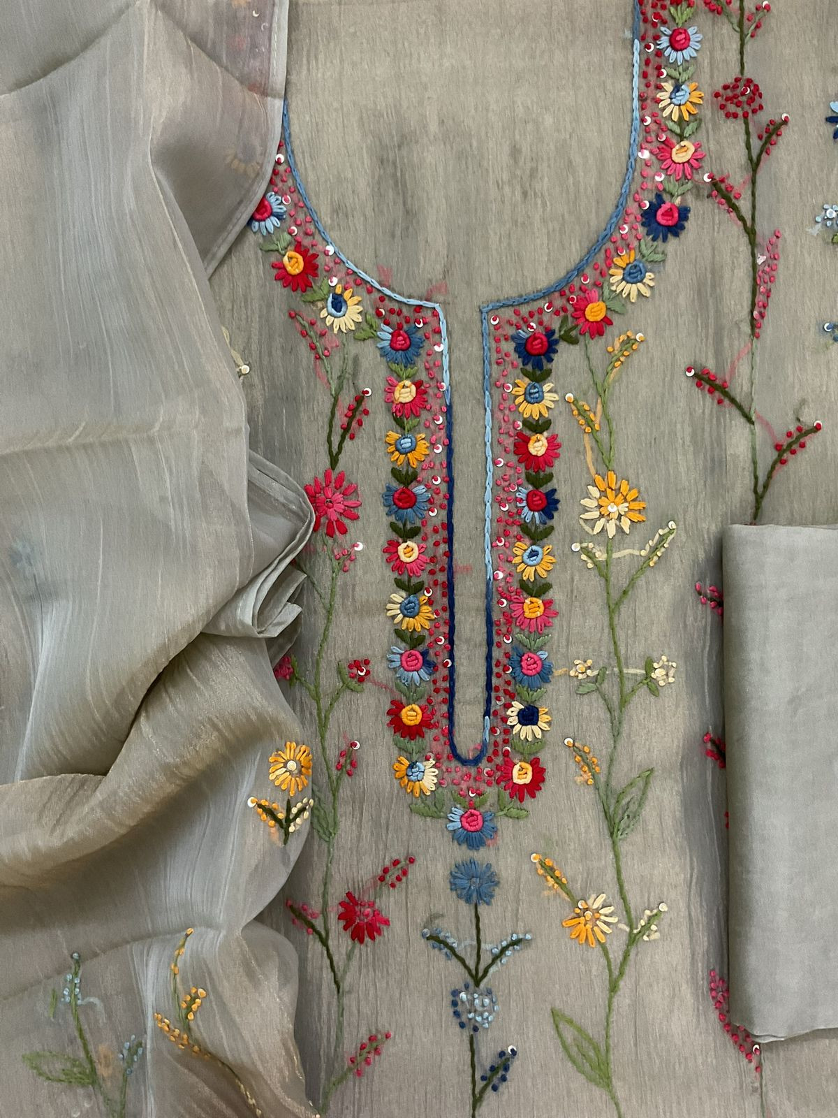 Pure Crushed Tissue Fine Embroidered Suit - Blue