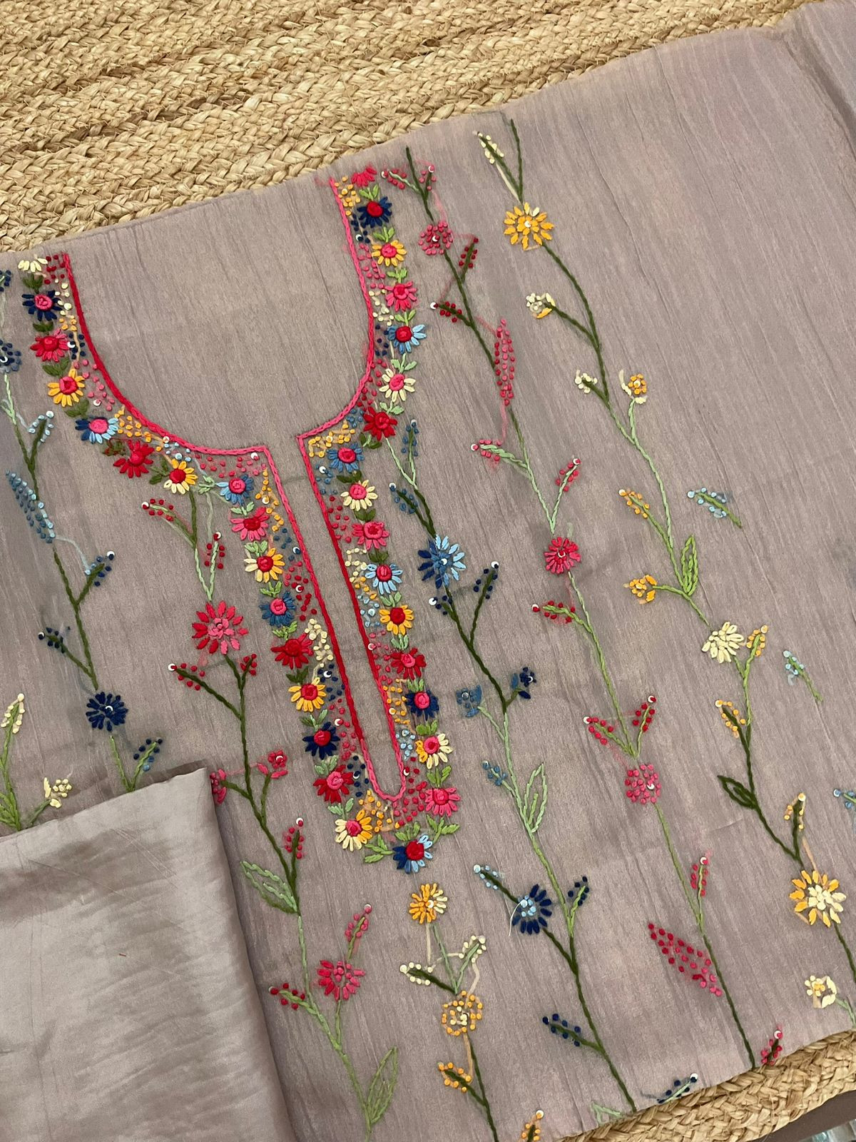 Pure Crushed Tissue Fine Embroidered Suit - Lilac