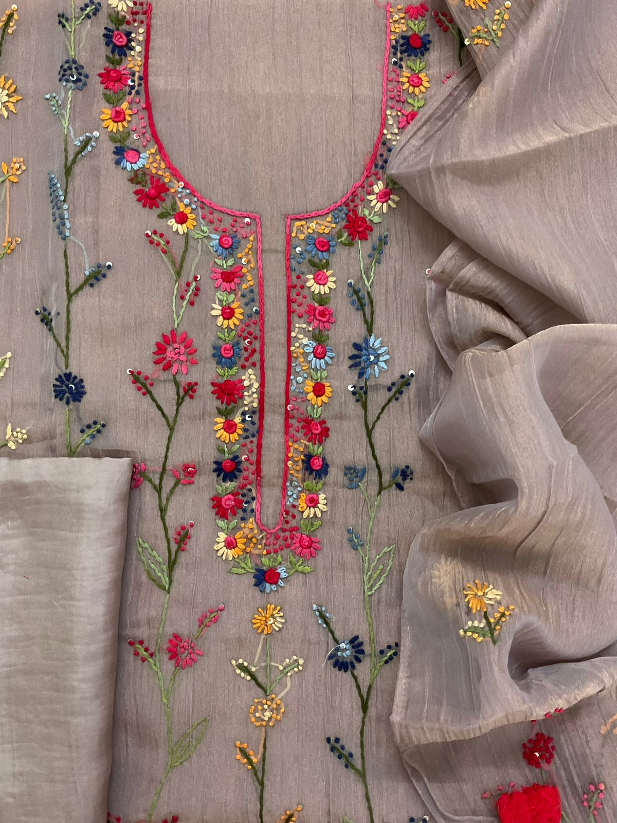 Pure Crushed Tissue Fine Embroidered Suit - Lilac