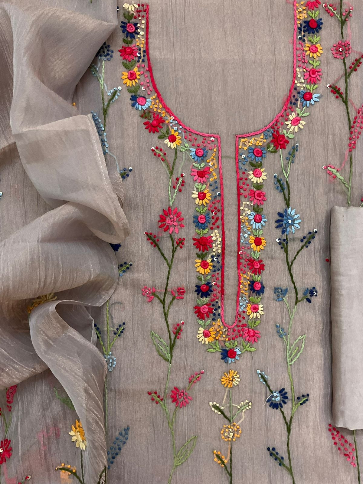 Pure Crushed Tissue Fine Embroidered Suit - Lilac