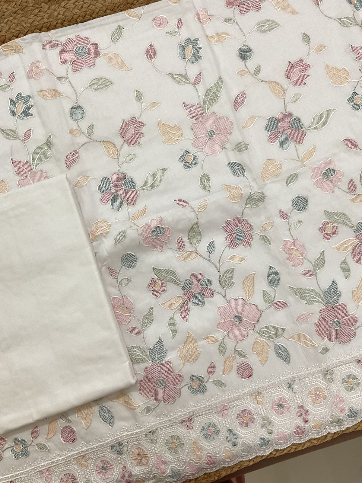 Pure Cotton Embroidered Suit - White