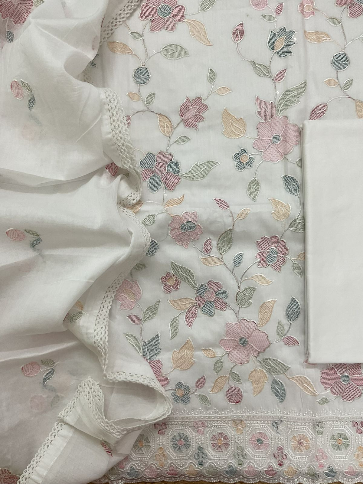 Pure Cotton Embroidered Suit - White
