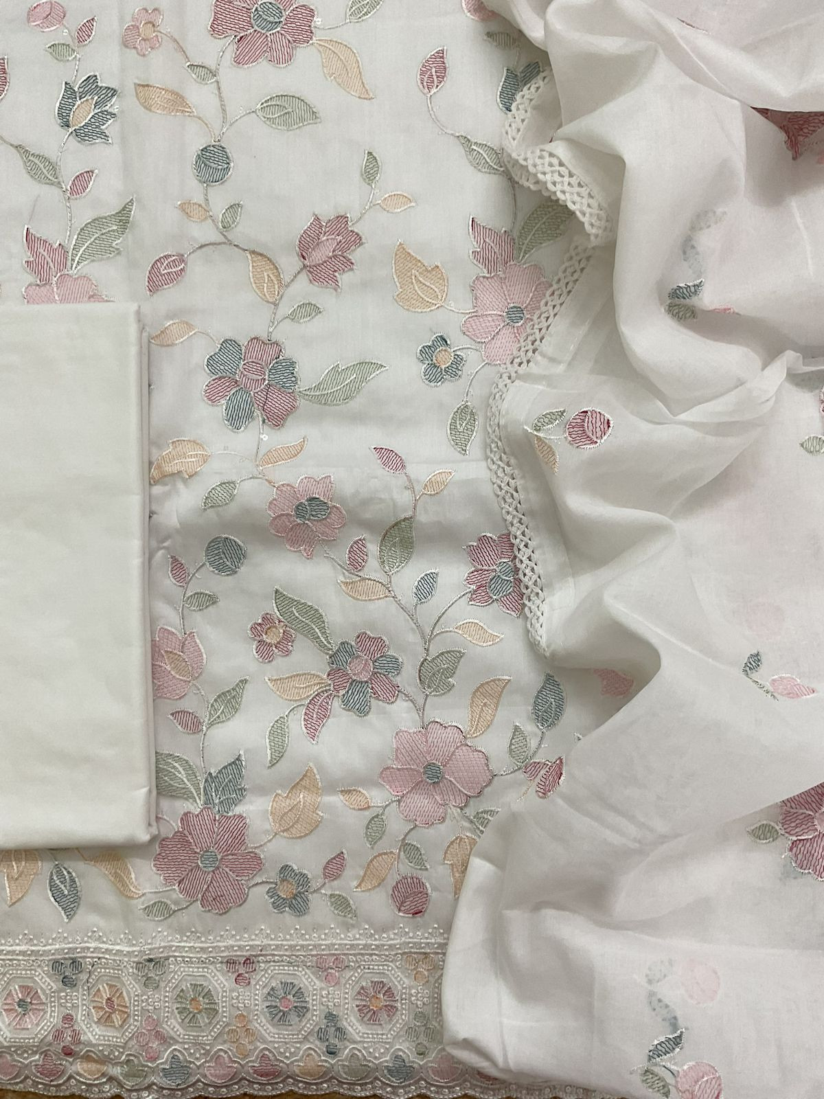 Pure Cotton Embroidered Suit - White