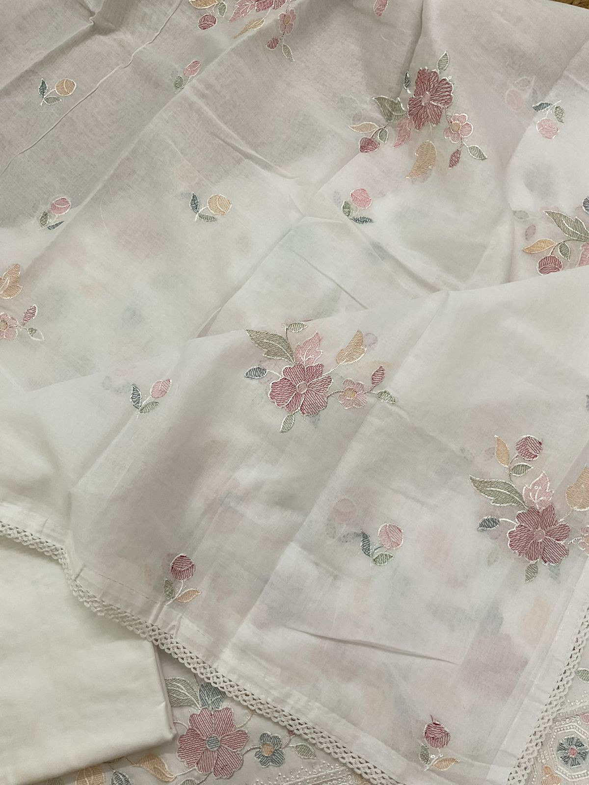 Pure Cotton Embroidered Suit - White