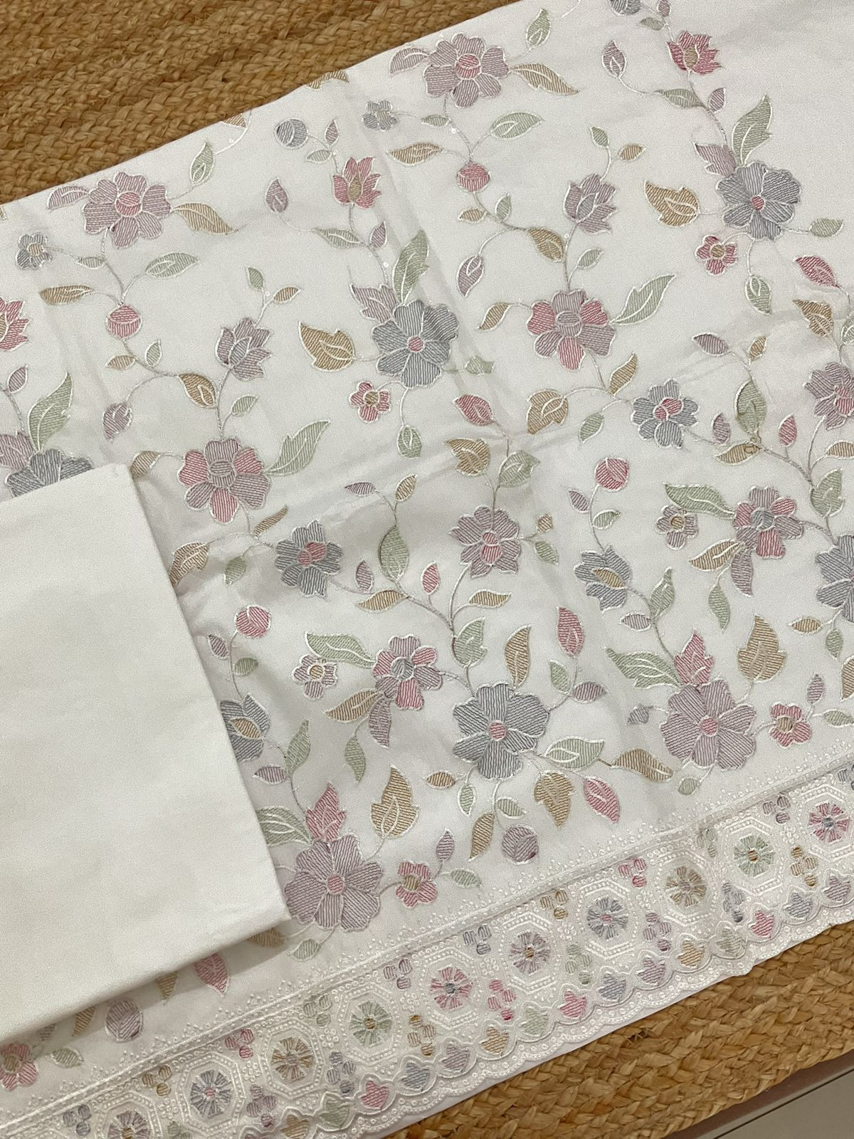 Pure Cotton Embroidered Suit - White