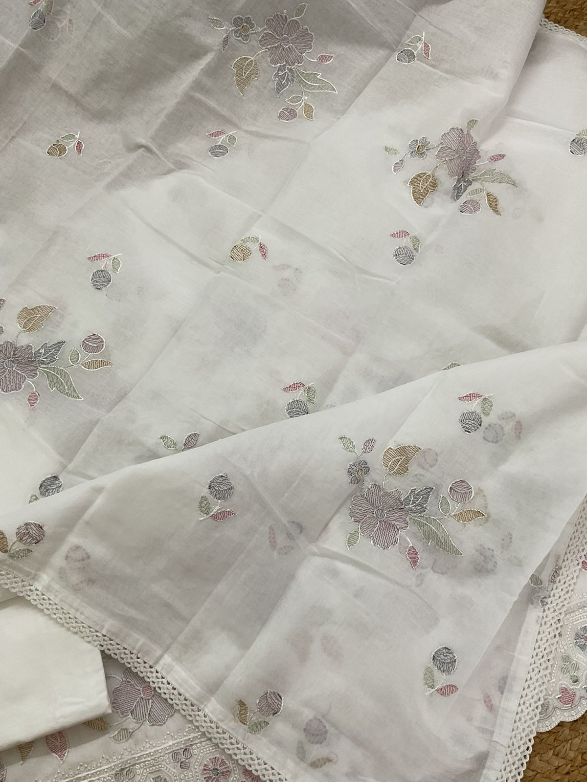 Pure Cotton Embroidered Suit - White