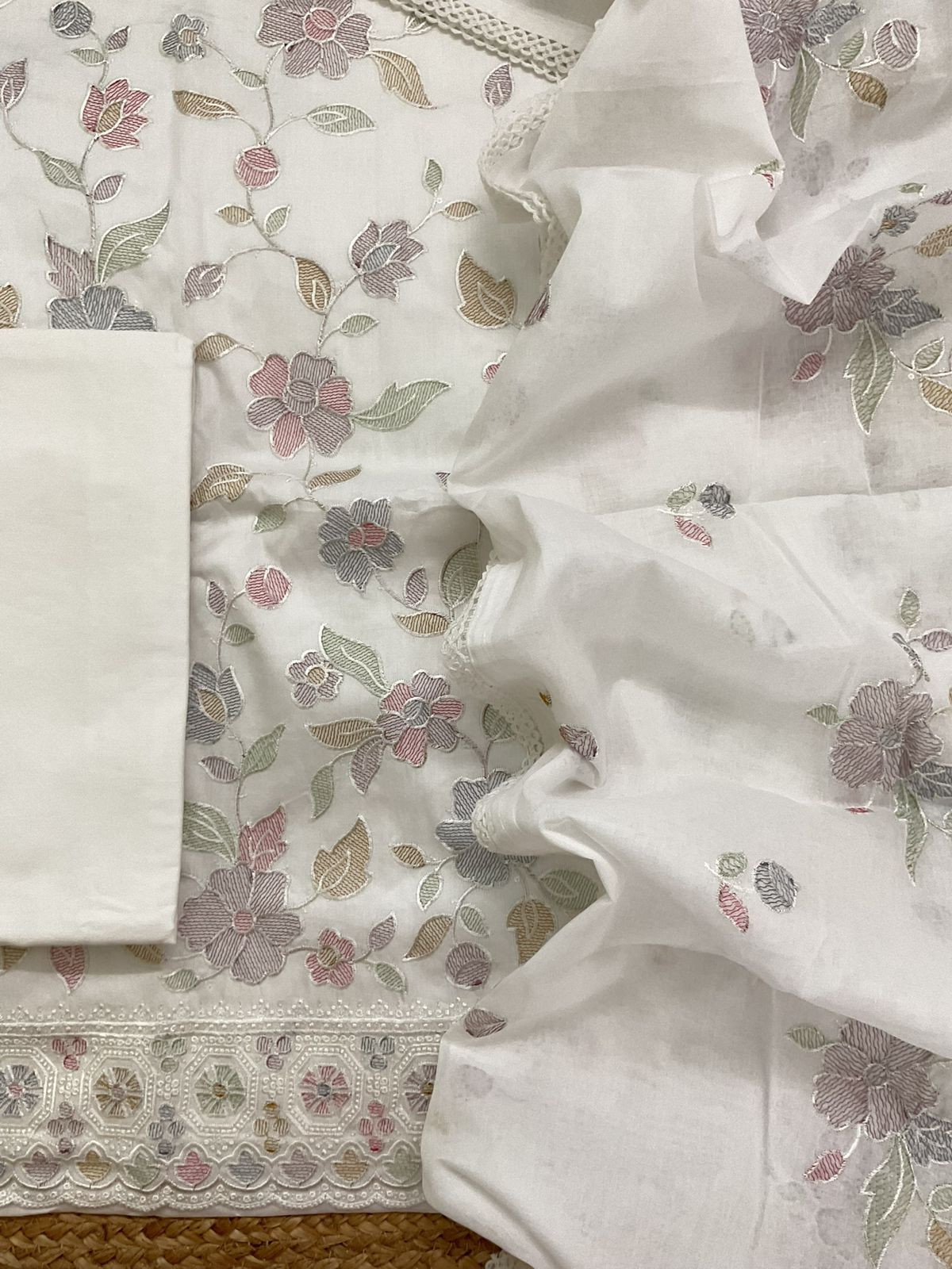 Pure Cotton Embroidered Suit - White