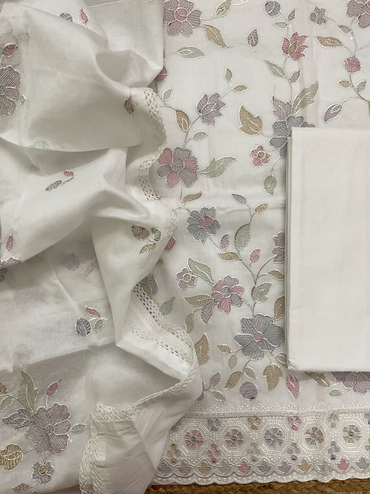 Pure Cotton Embroidered Suit - White