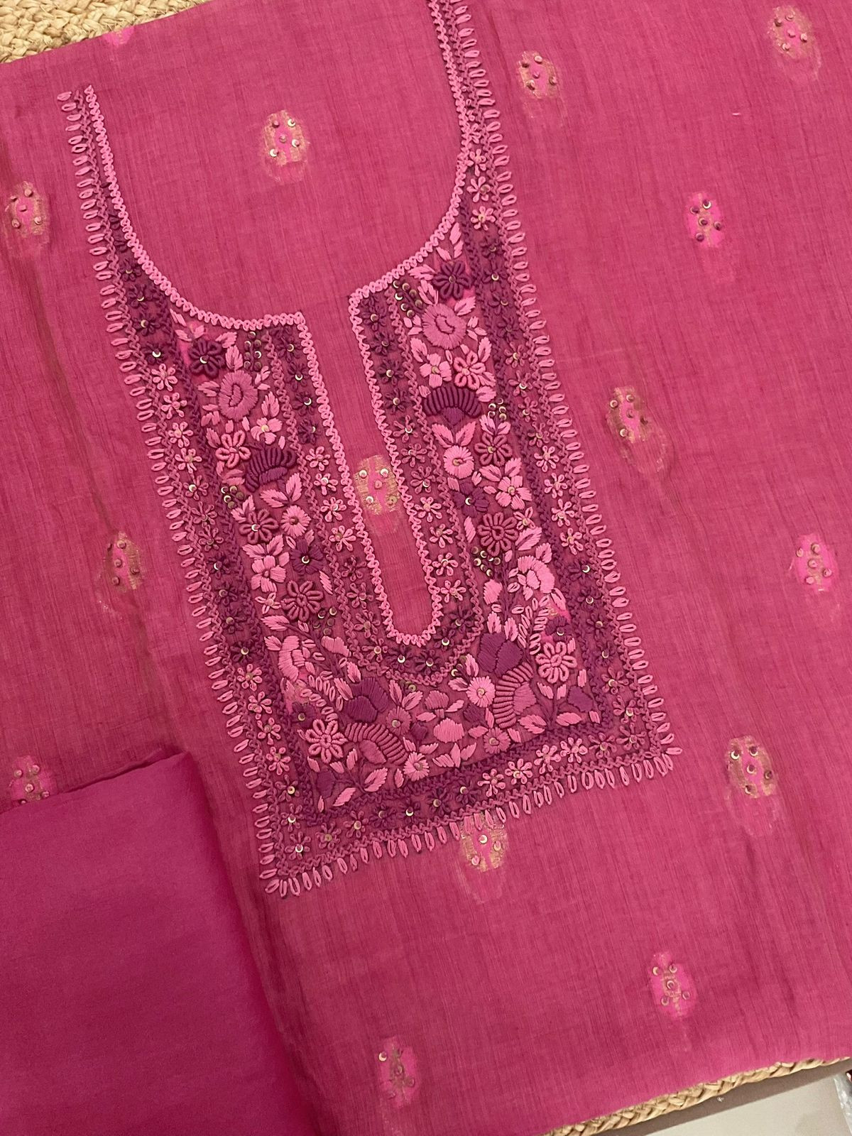 Pure Slub Chanderi Jamdani Weaved Embroidered Suit - Pink