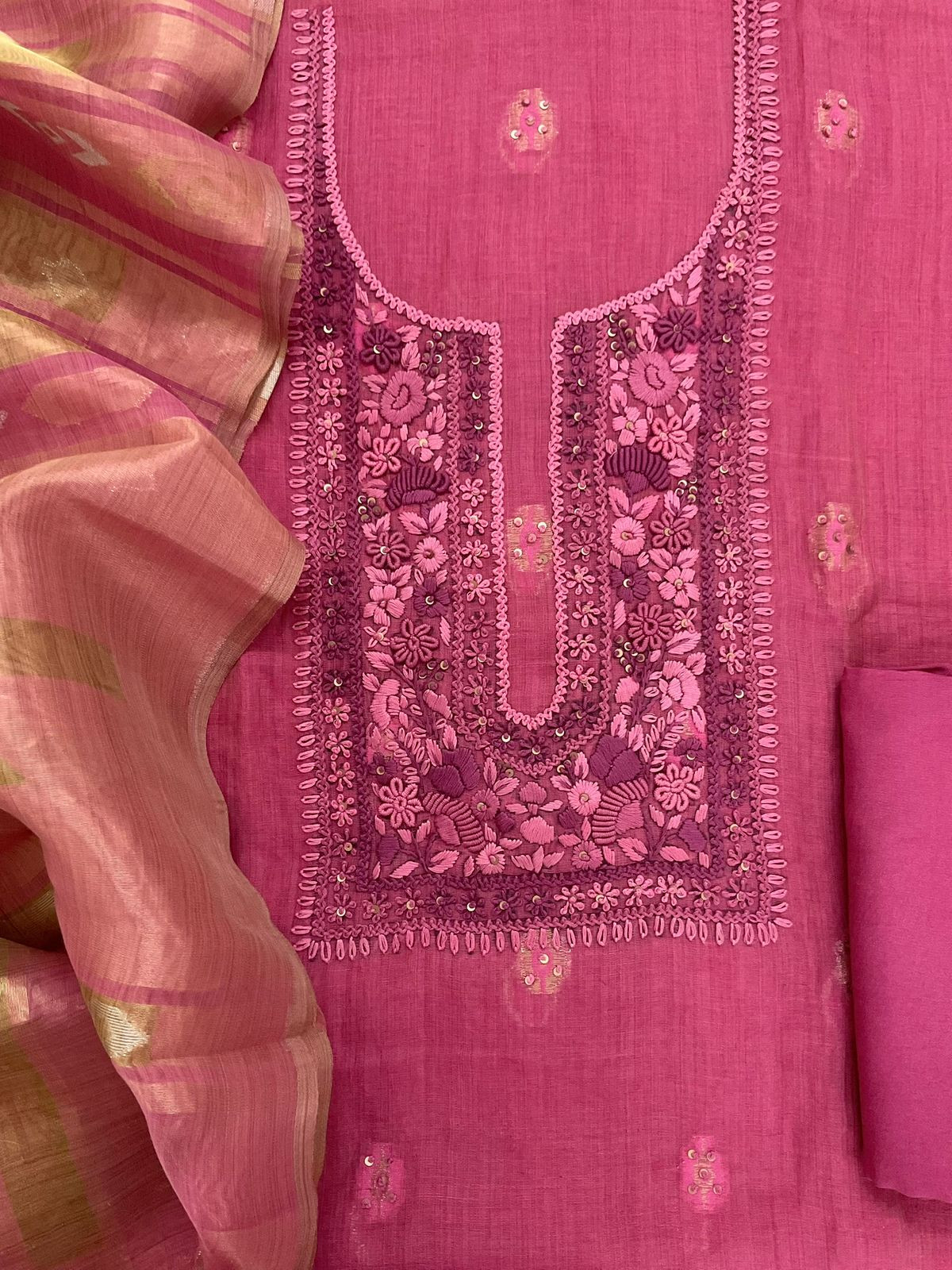 Pure Slub Chanderi Jamdani Weaved Embroidered Suit - Pink