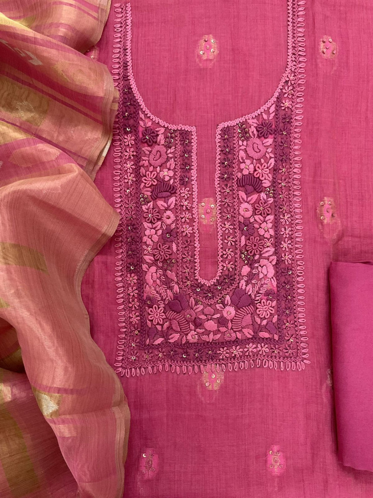 Image of Pure Slub Chanderi Jamdani Weaved Embroidered Suit - Pink