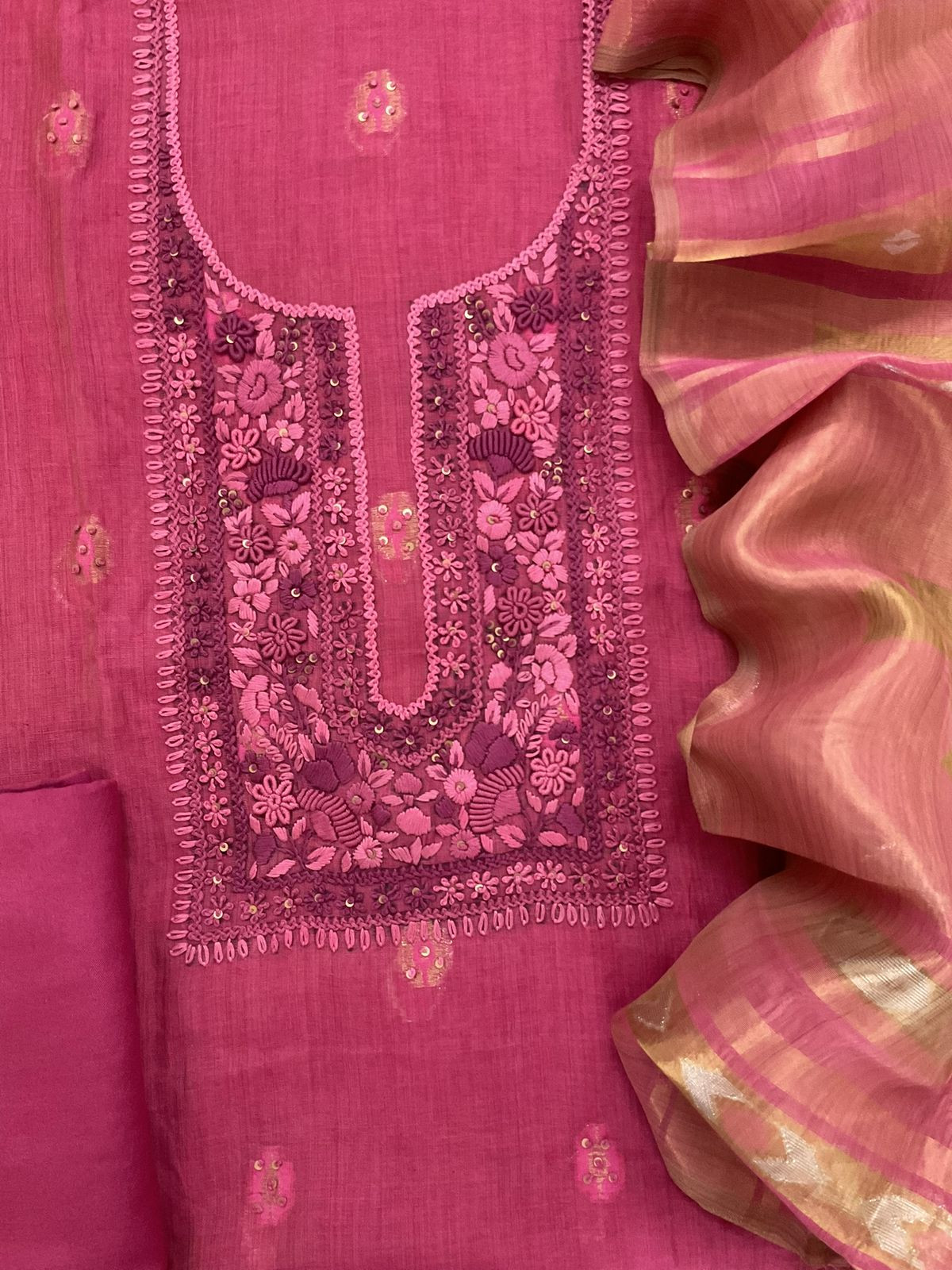Pure Slub Chanderi Jamdani Weaved Embroidered Suit - Pink
