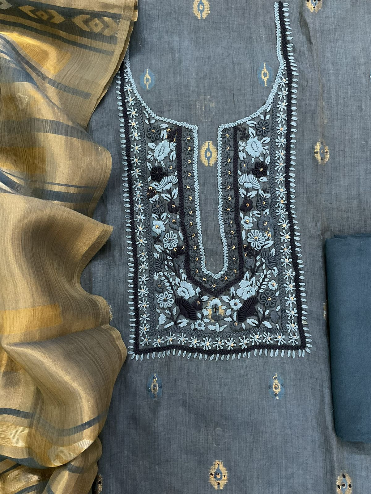 Pure Slub Chanderi Jamdani Weaved Embroidered Suit - Blue