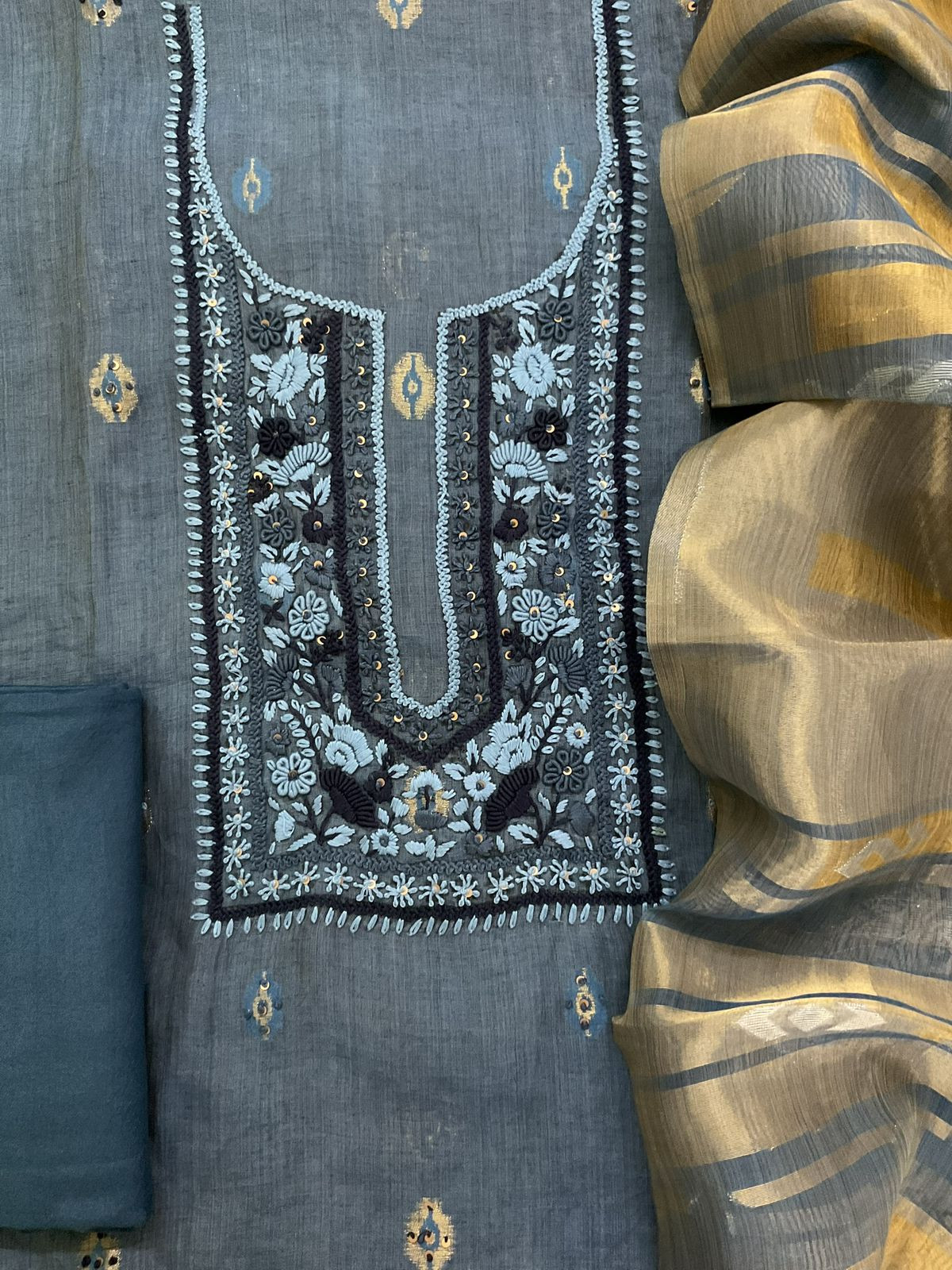 Pure Slub Chanderi Jamdani Weaved Embroidered Suit - Blue