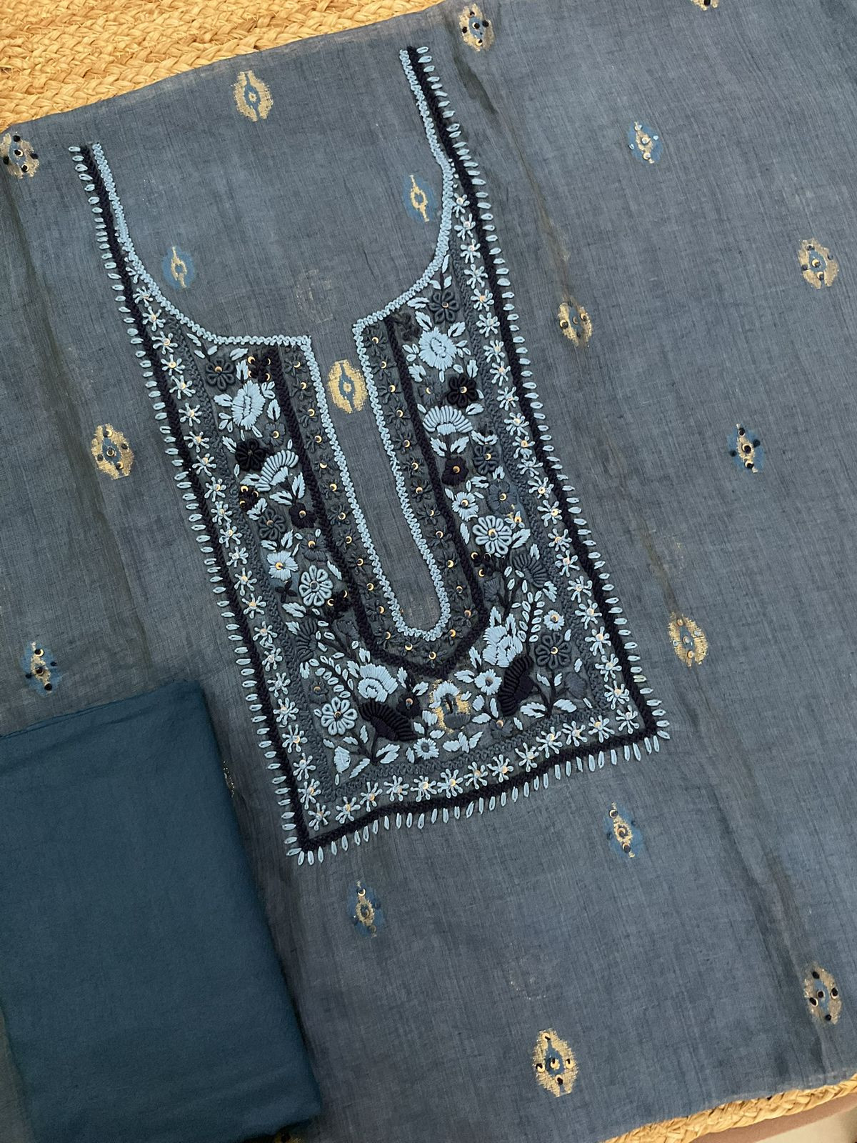Pure Slub Chanderi Jamdani Weaved Embroidered Suit - Blue