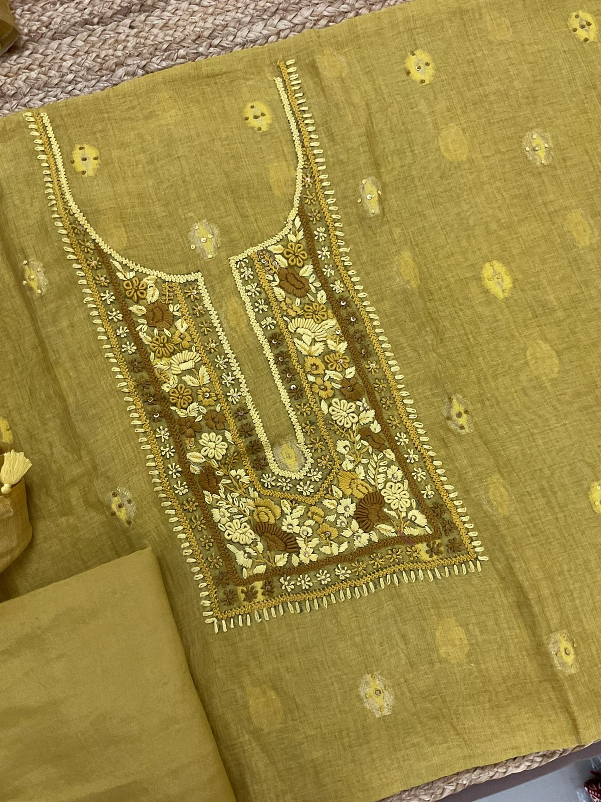 Pure Slub Chanderi Jamdani Weaved Embroidered Suit - Yellow