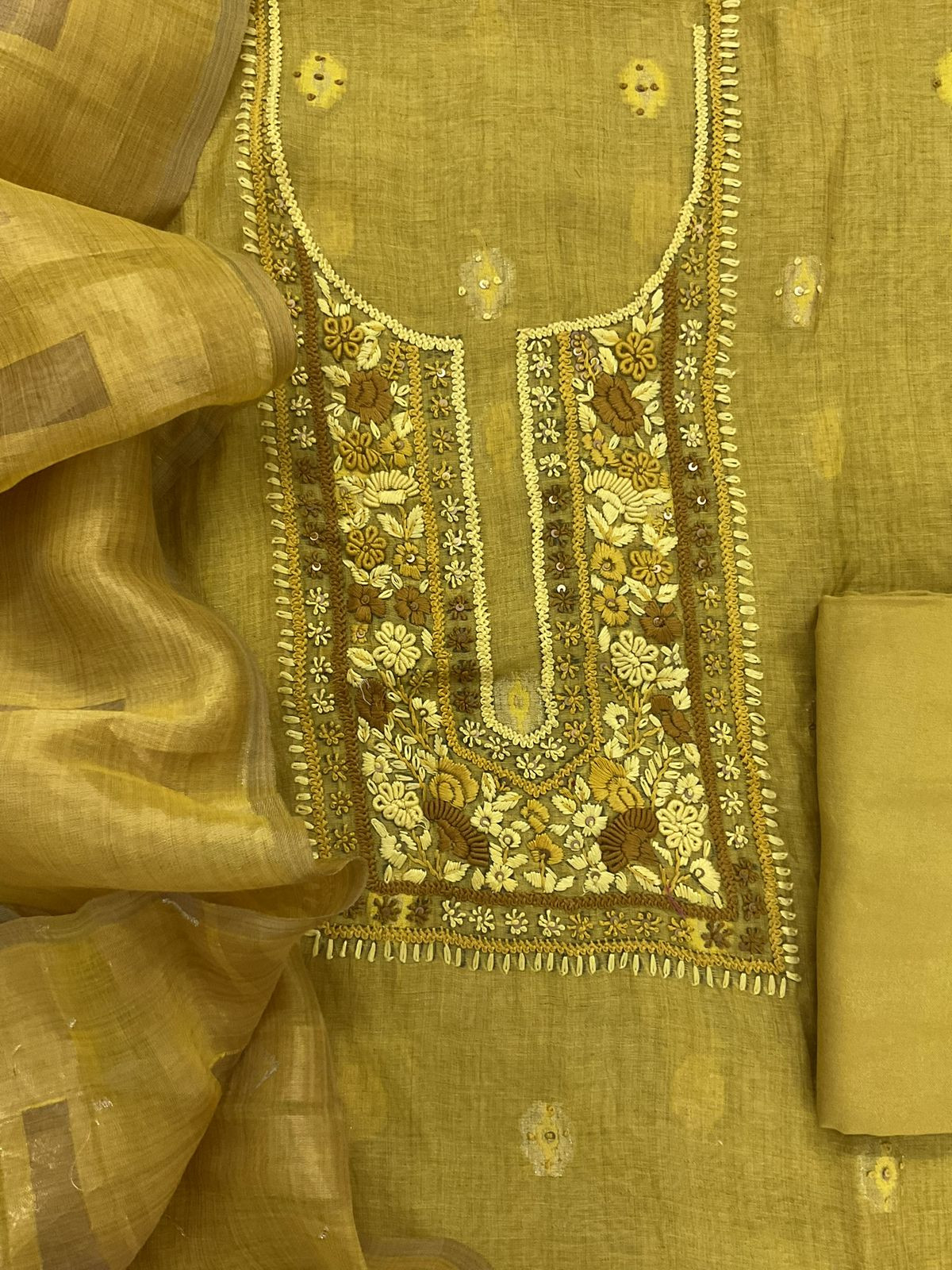 Pure Slub Chanderi Jamdani Weaved Embroidered Suit - Yellow