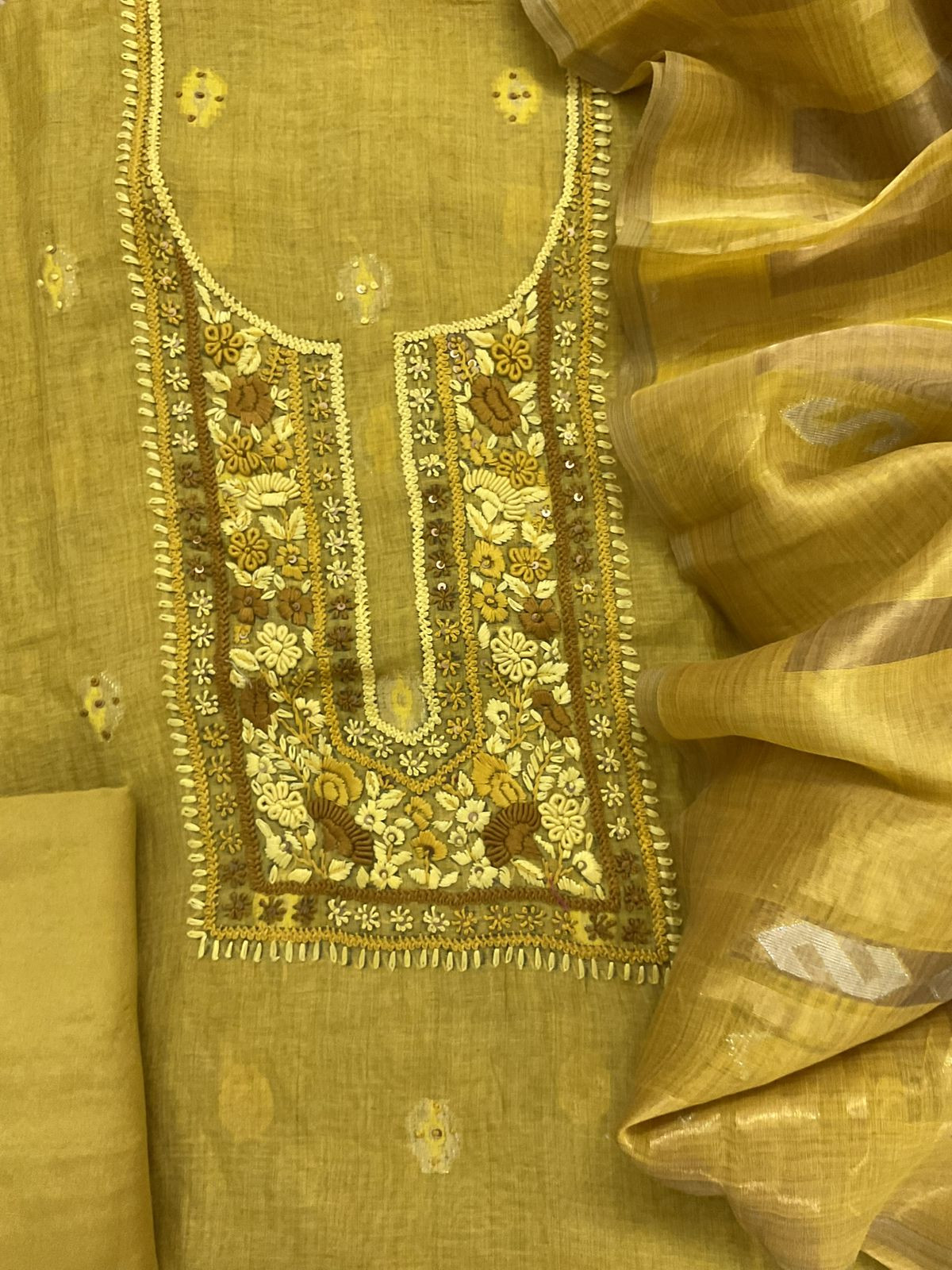 Pure Slub Chanderi Jamdani Weaved Embroidered Suit - Yellow