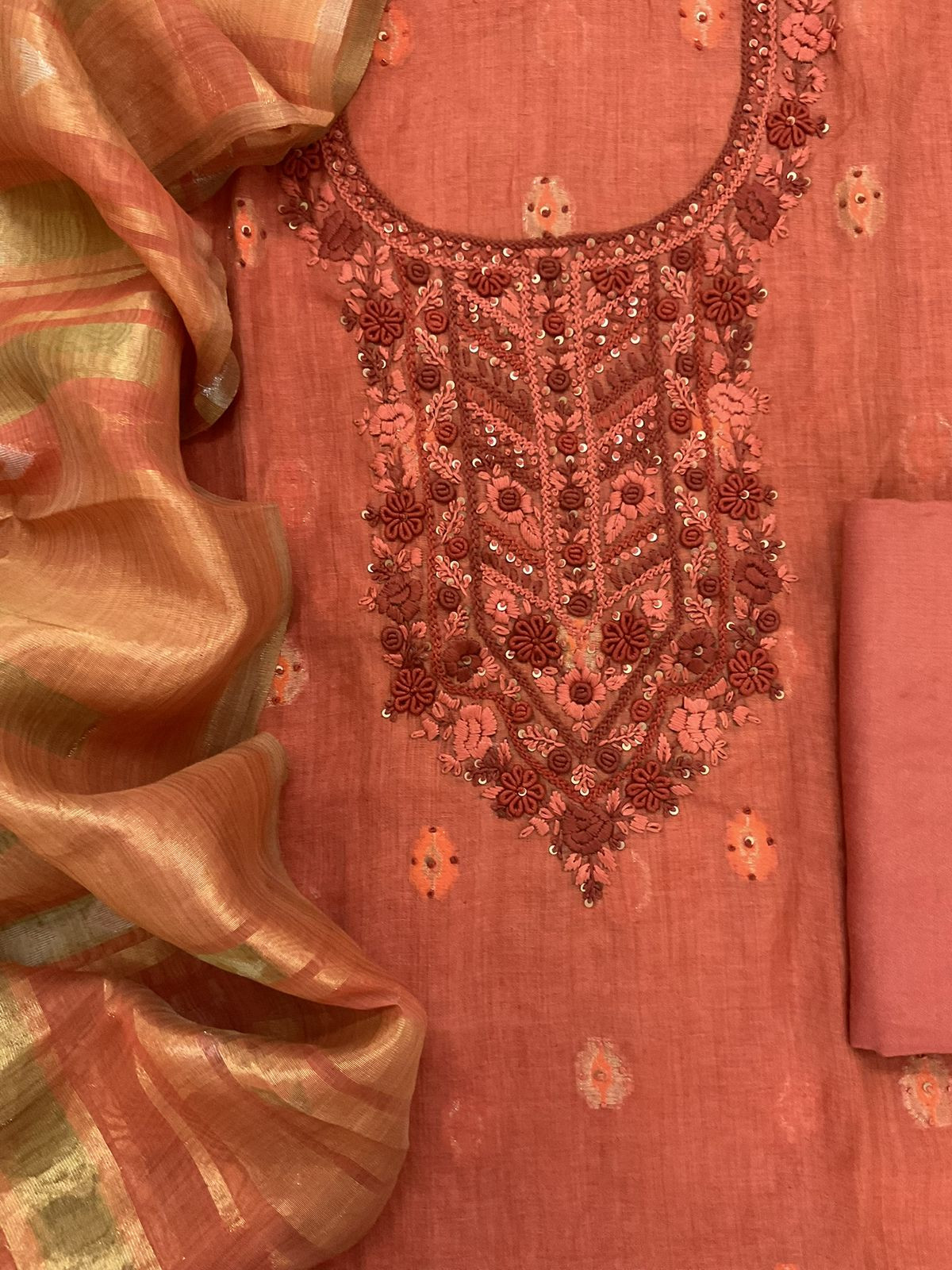 Pure Slub Chanderi Jamdani Weaved Embroidered Suit - Orange