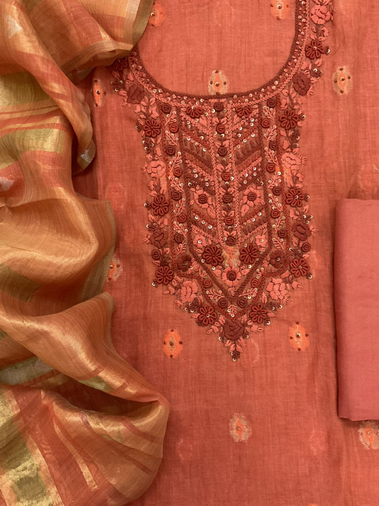 Image of Pure Slub Chanderi Jamdani Weaved Embroidered Suit - Orange