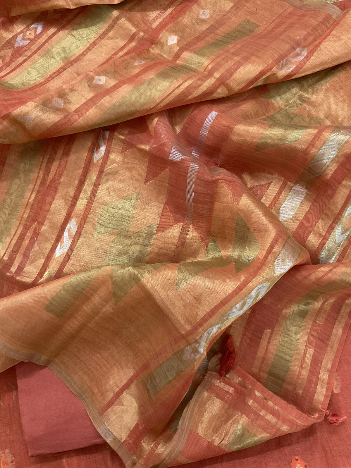 Pure Slub Chanderi Jamdani Weaved Embroidered Suit - Orange