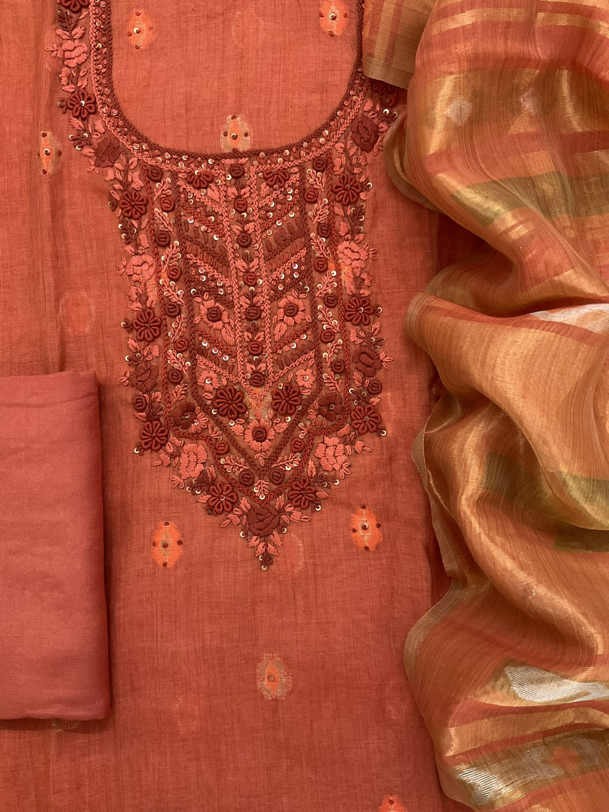 Pure Slub Chanderi Jamdani Weaved Embroidered Suit - Orange