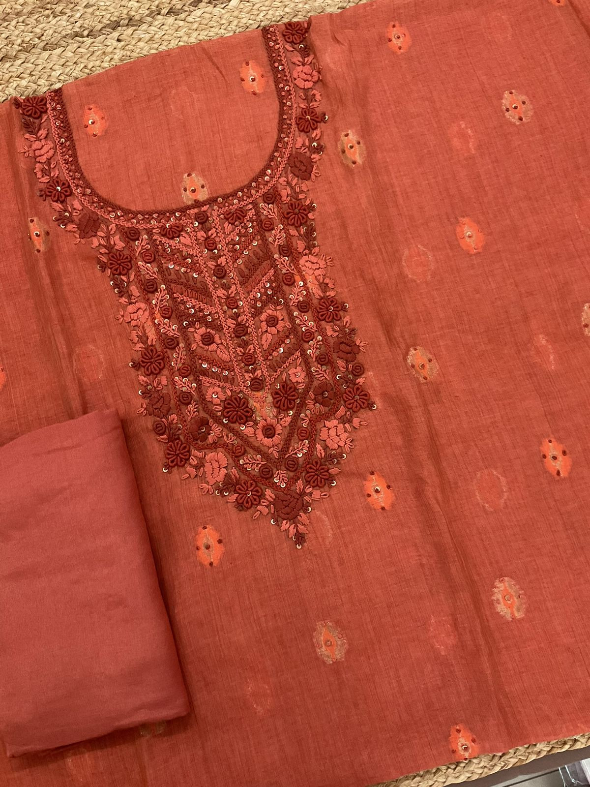 Pure Slub Chanderi Jamdani Weaved Embroidered Suit - Orange