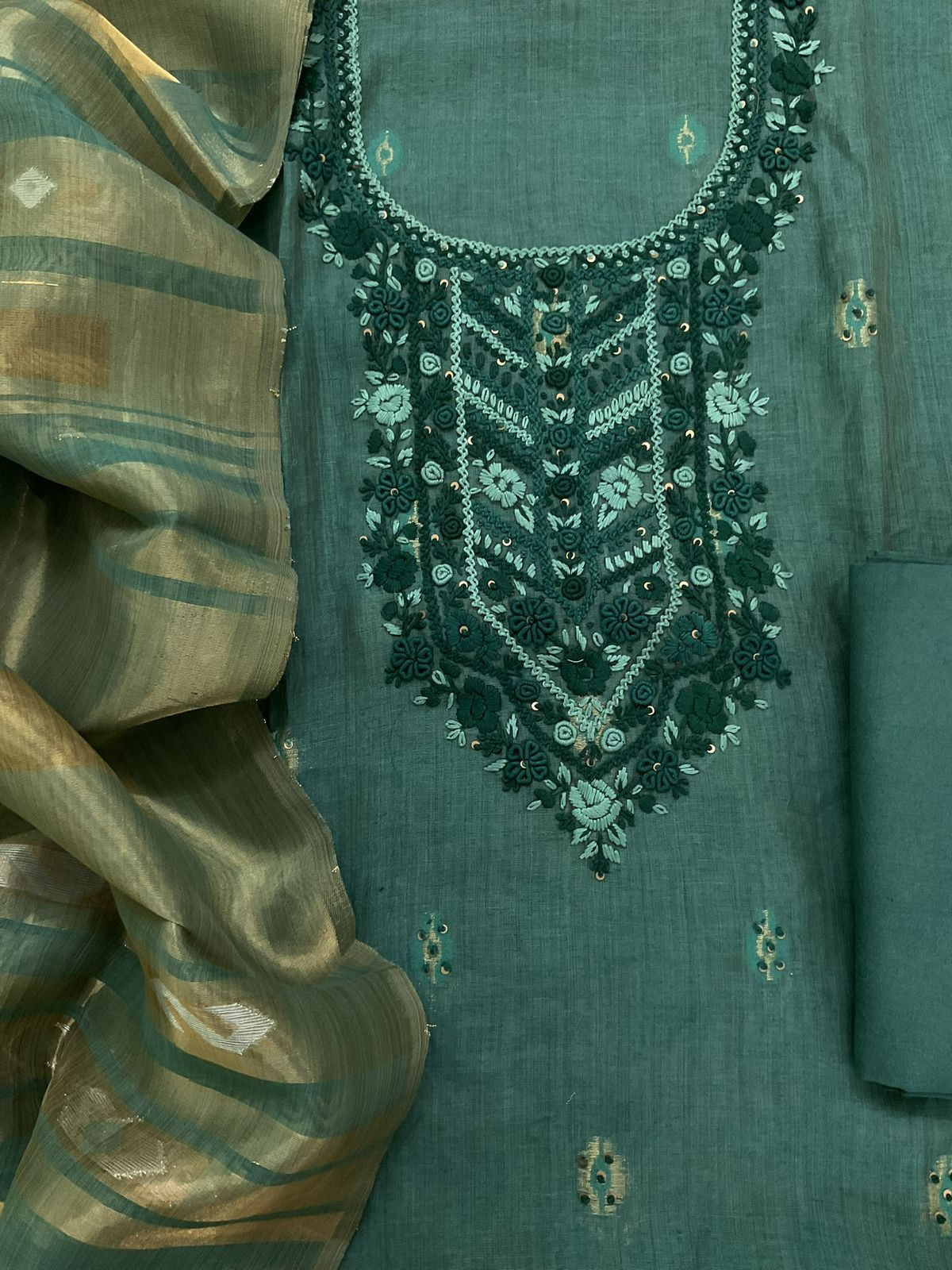 Pure Slub Chanderi Jamdani Weaved Embroidered Suit - Green