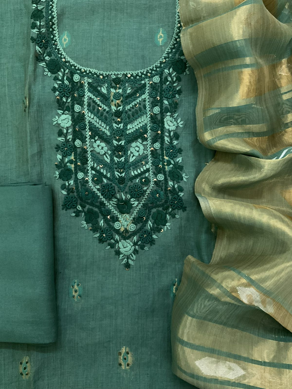 Pure Slub Chanderi Jamdani Weaved Embroidered Suit - Green