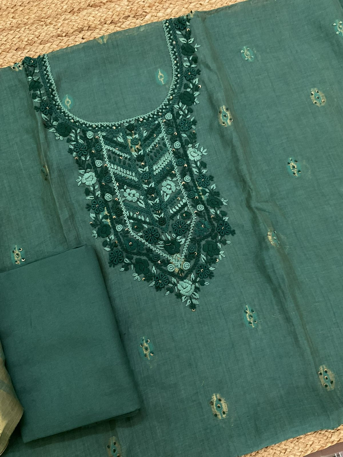Pure Slub Chanderi Jamdani Weaved Embroidered Suit - Green