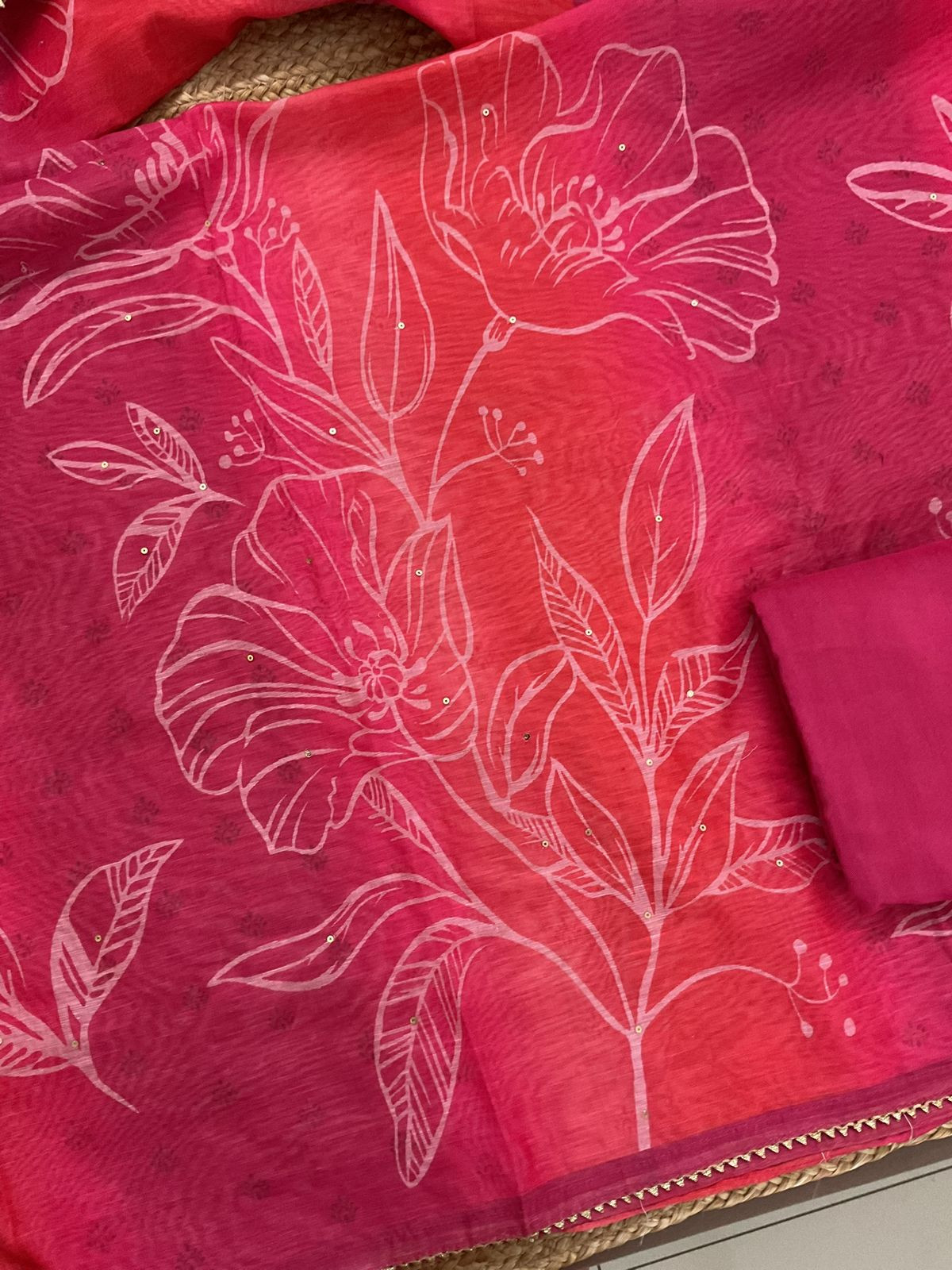 Soft Kora Chanderi Printed Embroidered Suit - Pink