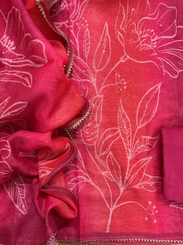 Image of Soft Kora Chanderi Printed Embroidered Suit - Pink