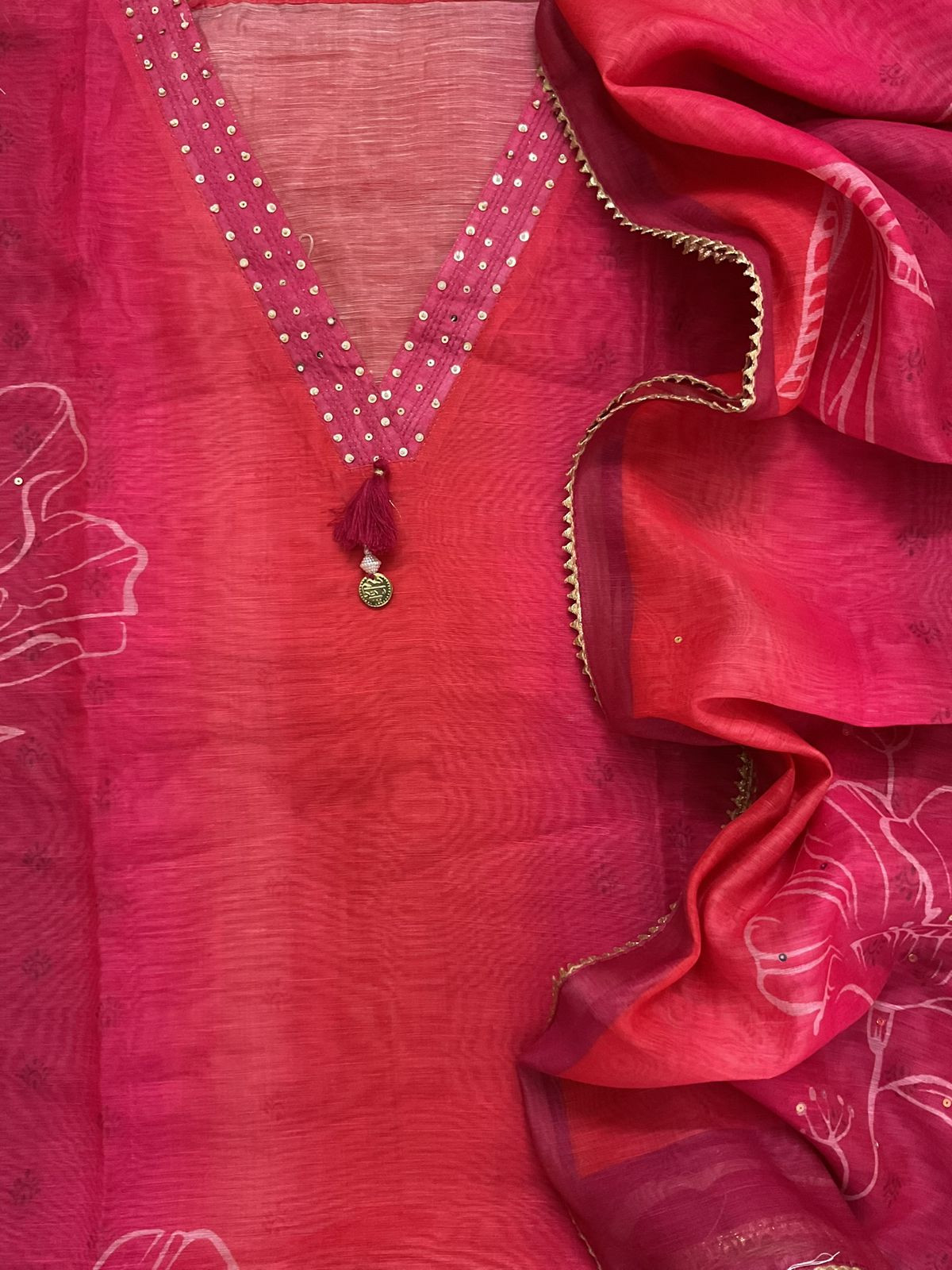 Soft Kora Chanderi Printed Embroidered Suit - Pink