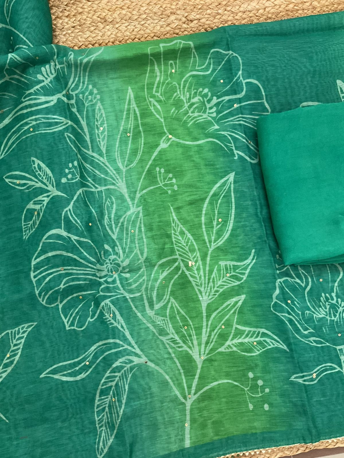 Soft Kora Chanderi Printed Embroidered Suit - Green
