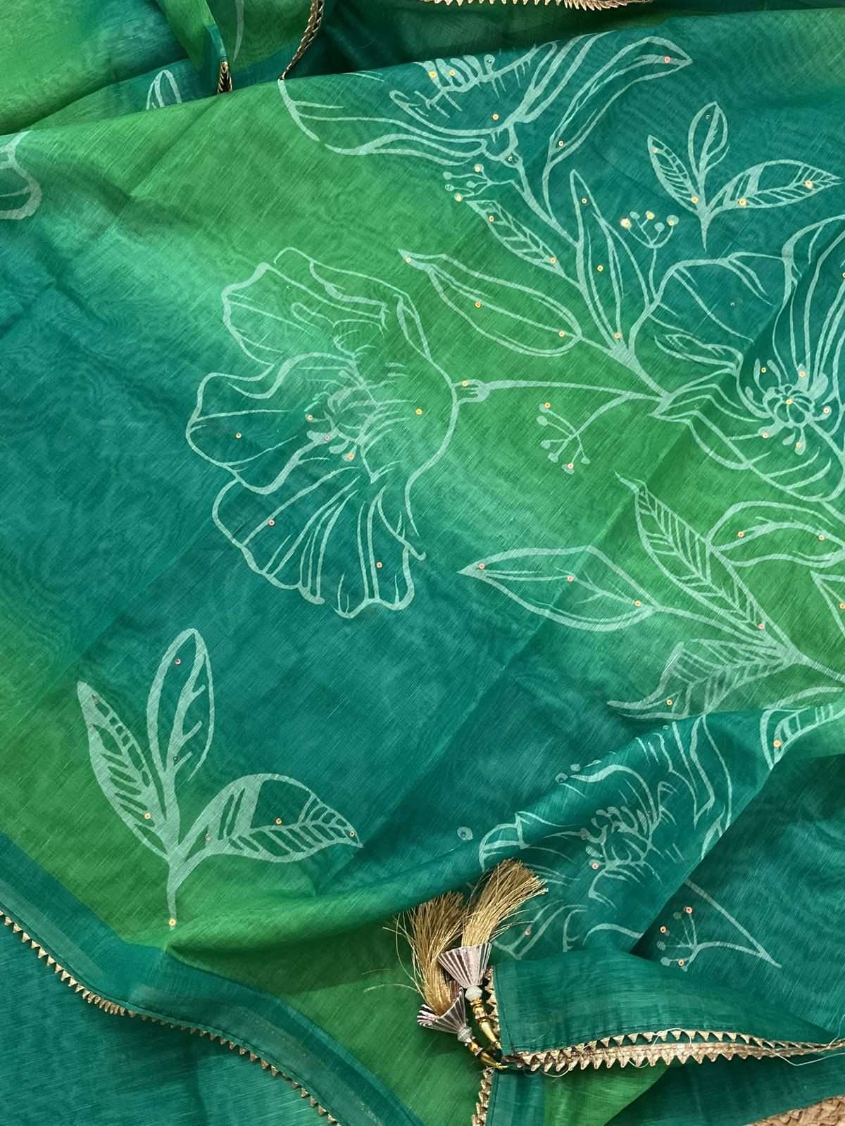 Soft Kora Chanderi Printed Embroidered Suit - Green