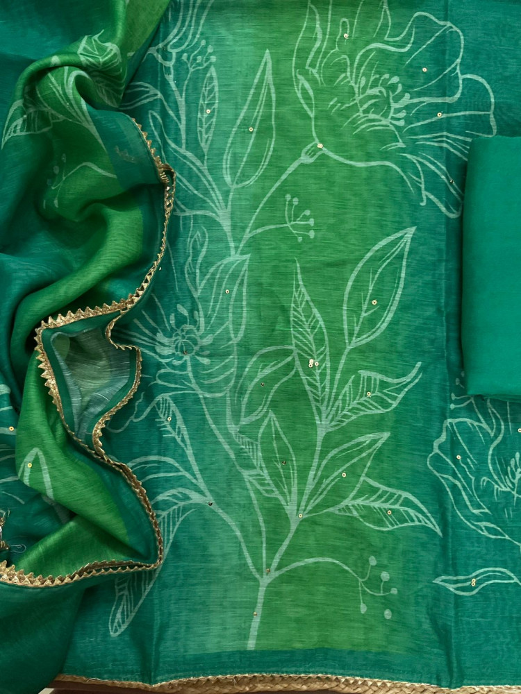 Image of Soft Kora Chanderi Printed Embroidered Suit - Green