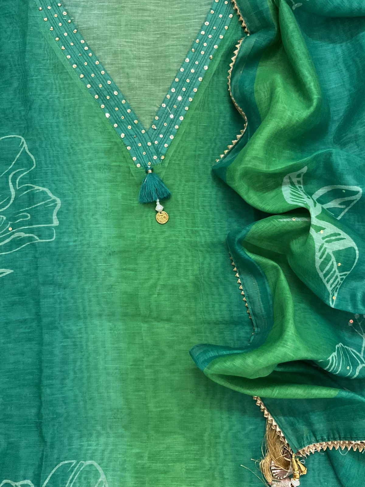 Soft Kora Chanderi Printed Embroidered Suit - Green