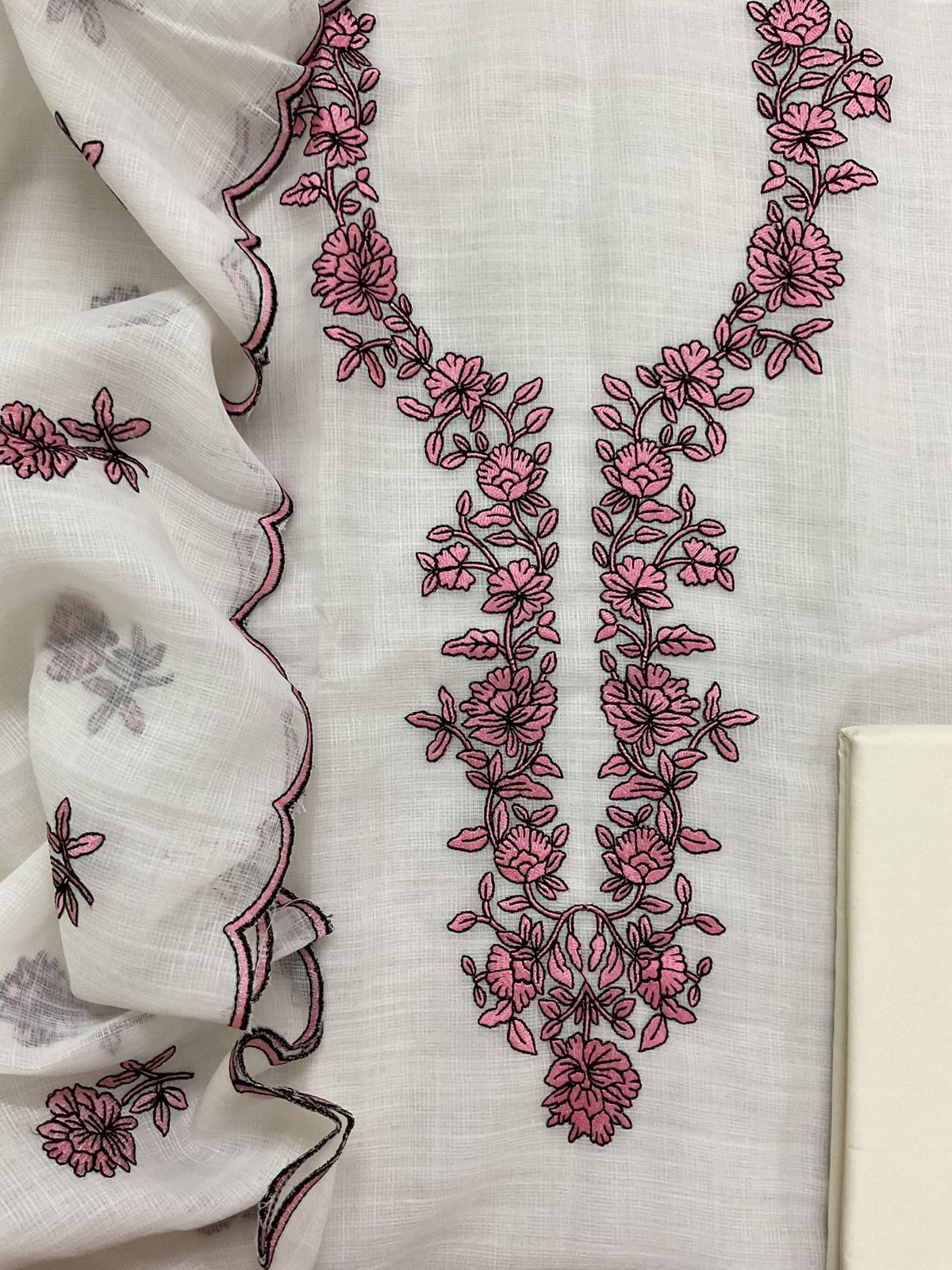 Soft Jute Kota Cotton Embroidered Suit - Off White