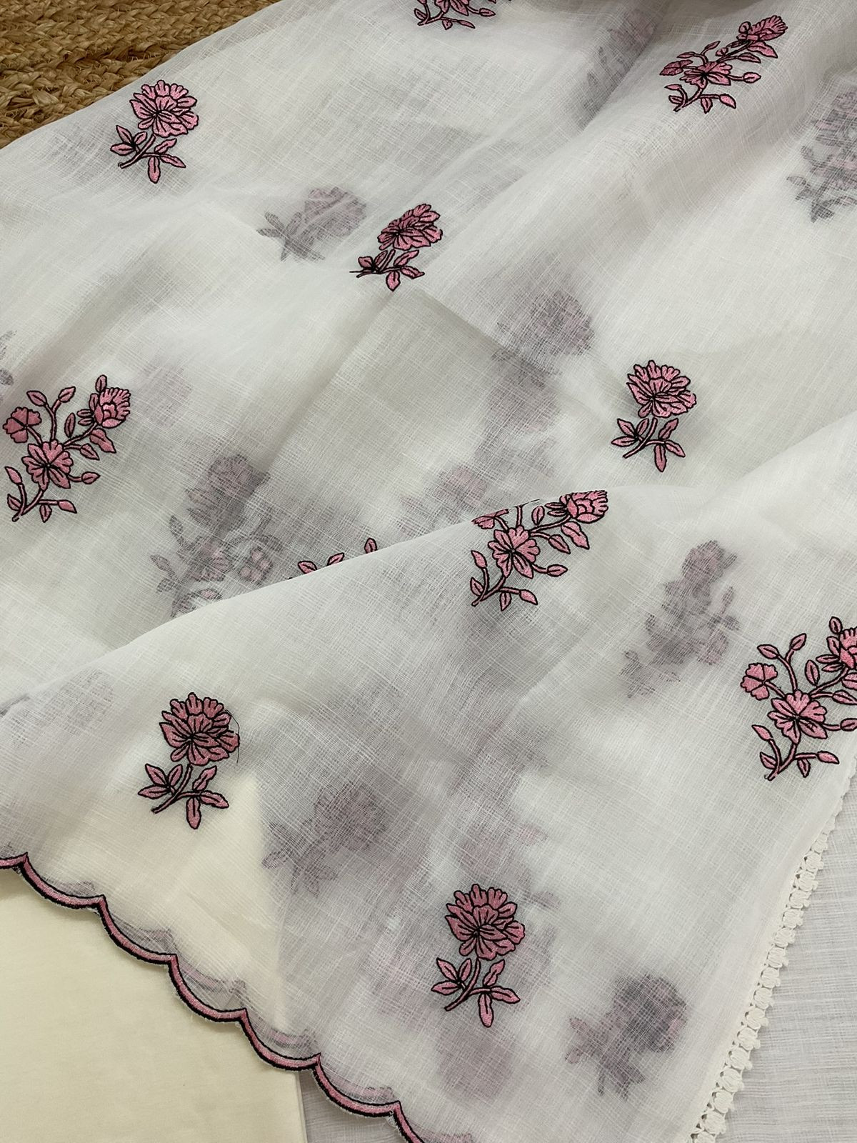 Soft Jute Kota Cotton Embroidered Suit - Off White