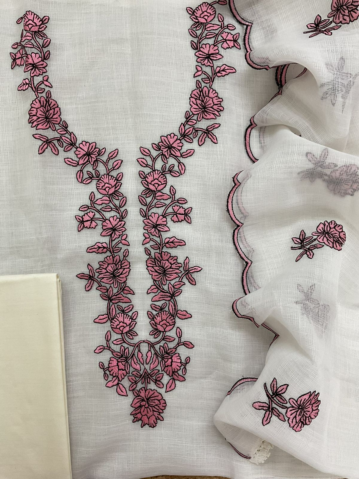 Soft Jute Kota Cotton Embroidered Suit - Off White