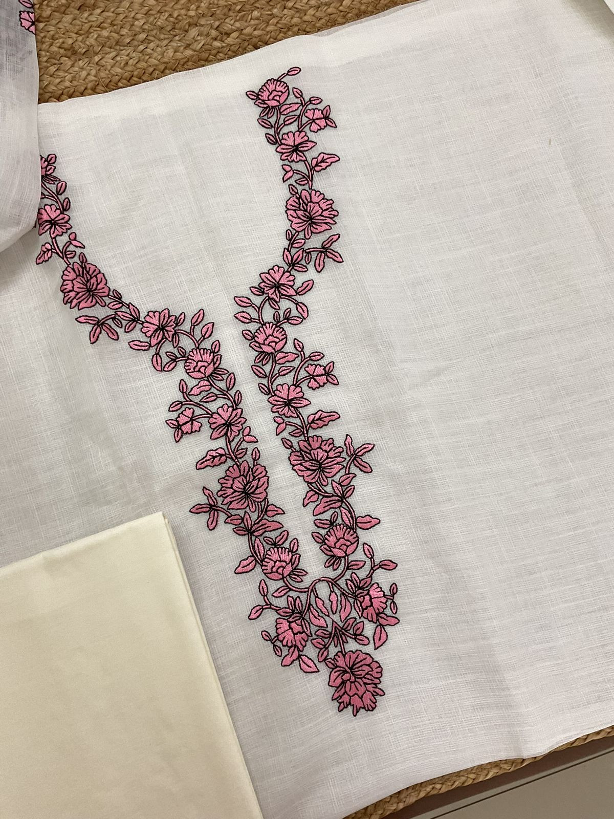 Soft Jute Kota Cotton Embroidered Suit - Off White