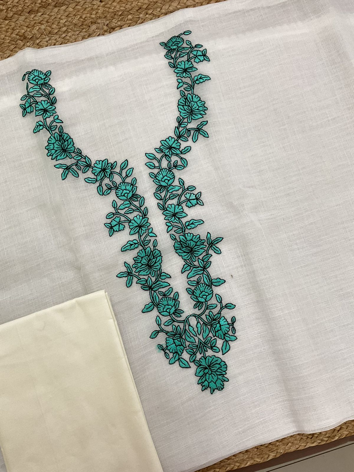 Soft Jute Kota Cotton Embroidered Suit - Off White