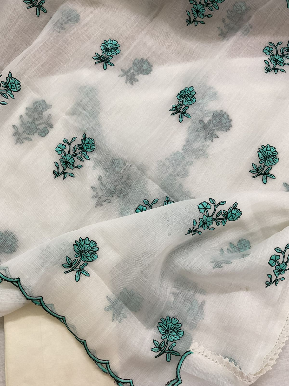 Soft Jute Kota Cotton Embroidered Suit - Off White