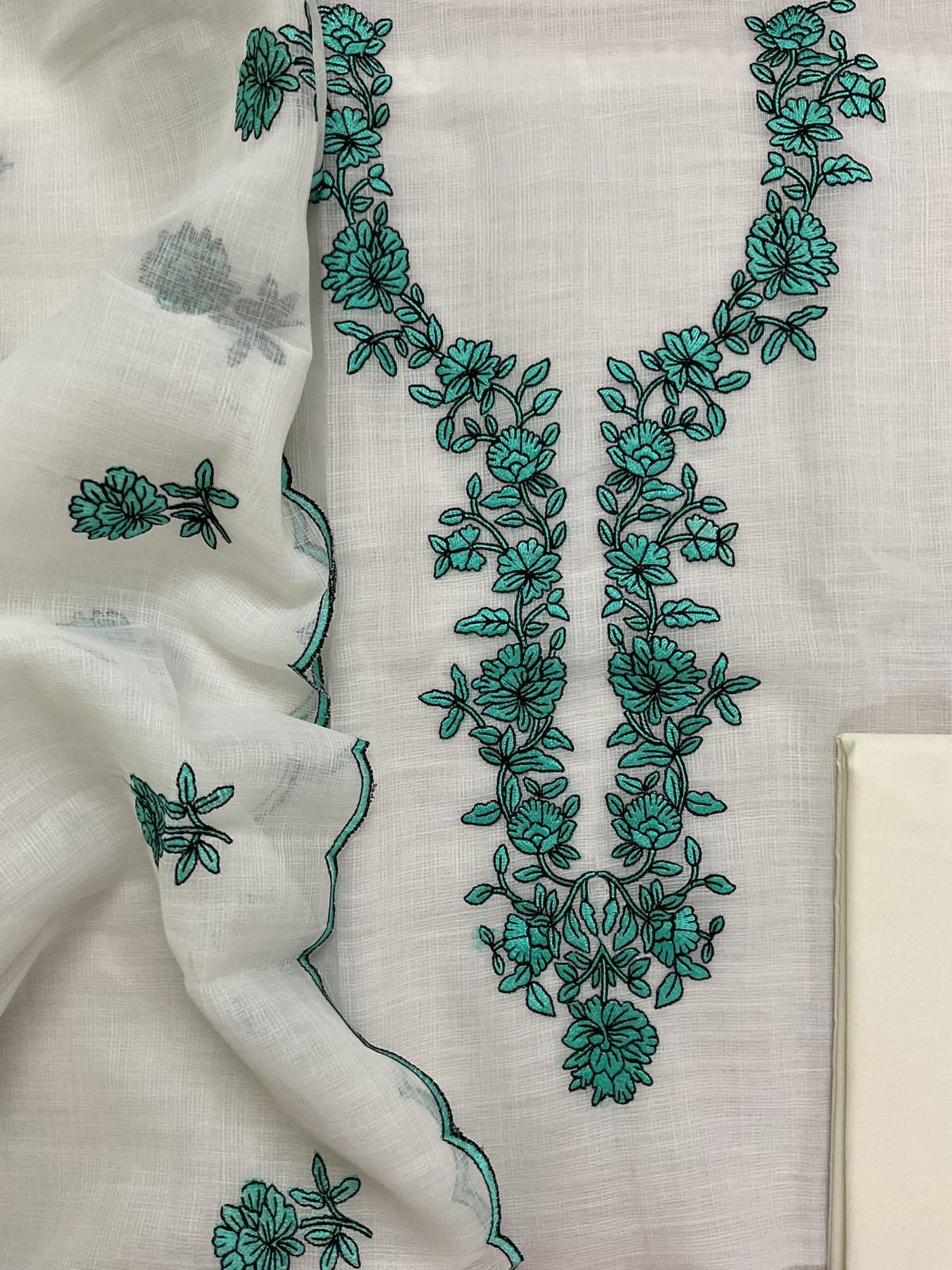 Soft Jute Kota Cotton Embroidered Suit - Off White