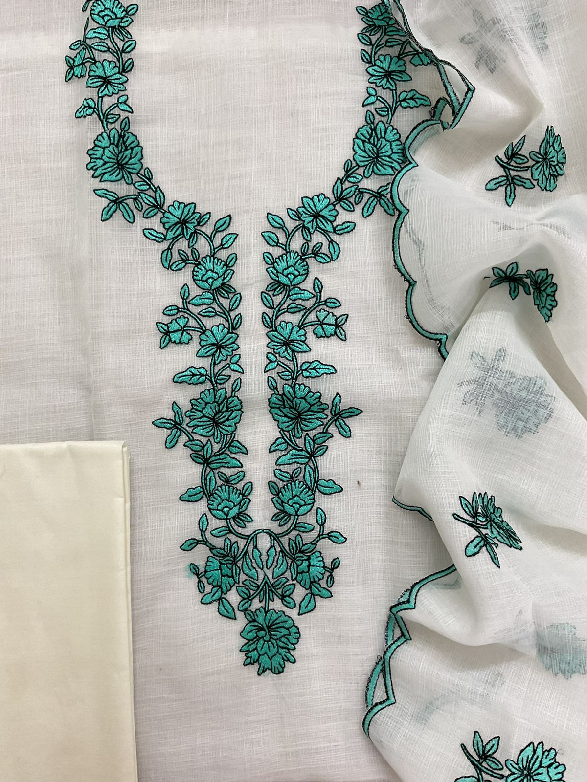 Soft Jute Kota Cotton Embroidered Suit - Off White