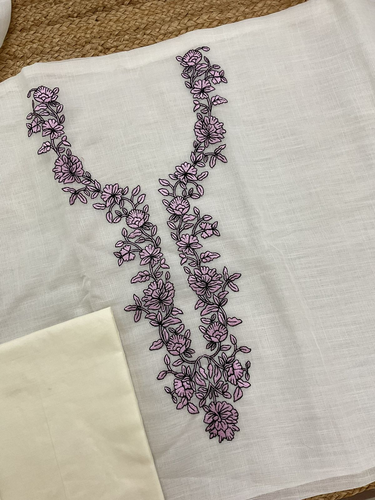 Soft Jute Kota Cotton Embroidered Suit - Off White